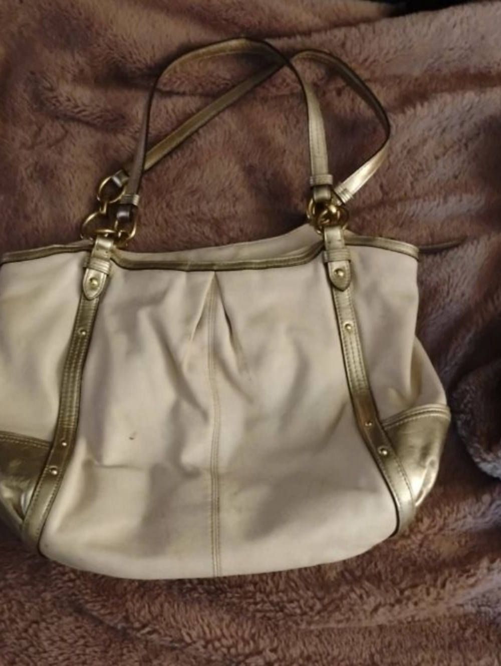 Coach Cream and Gold Leather Shoulder Bag with Tassel